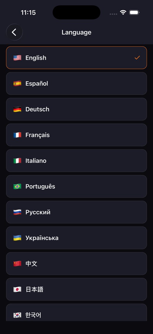 Language selection screen