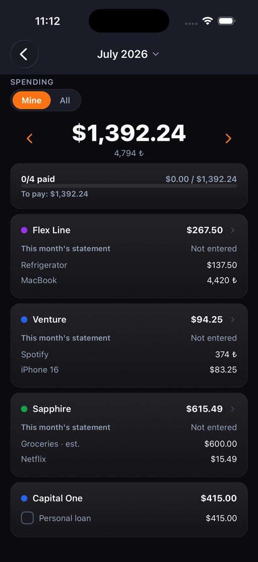 Monthly planning screen